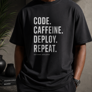 Black t-shirt with white print written, "Code. Caffeine. Deploy. Repeat."
