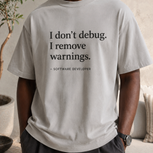 White t-shirt with black print.